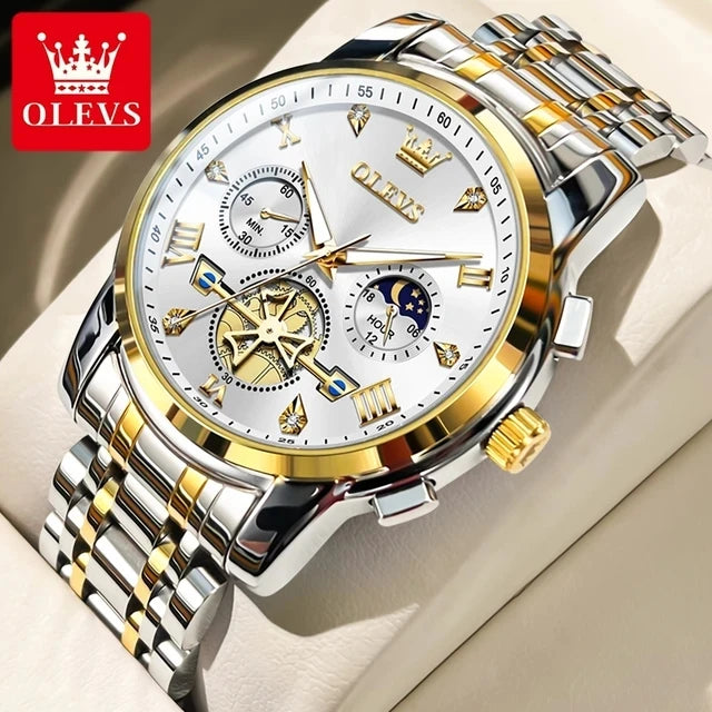 OLEVS 2856 Men's Watches Classic Multifunctional Flywheel Design Stainless Steel Waterproof Moon Phase Men's Wristwatches Trend