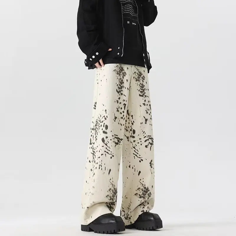 High Street Leopard Print Jeans Women's Street Spring and Autumn Style Wide Leg Pants Loose Casual Pants Denim