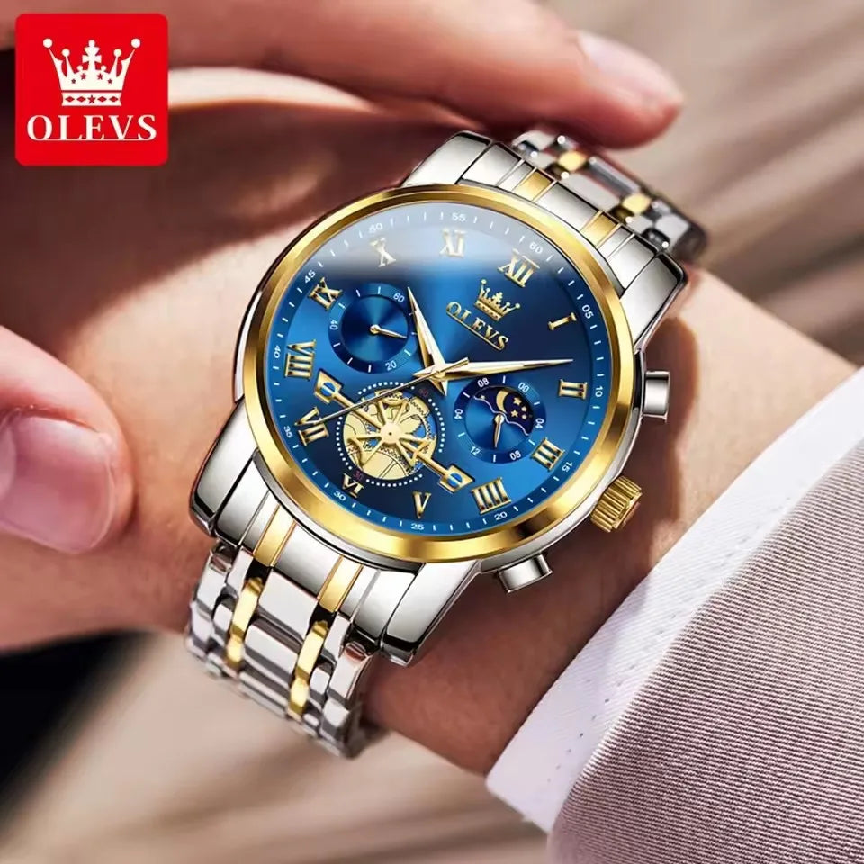 OLEVS 2856 Men's Watches Classic Multifunctional Flywheel Design Stainless Steel Waterproof Moon Phase Men's Wristwatches Trend