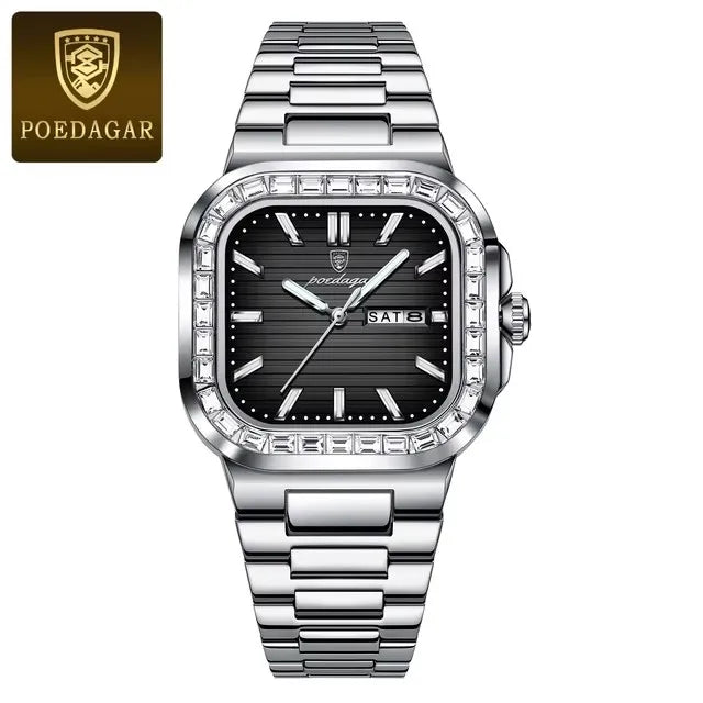 POEDAGAR Luxury Watch for Men Waterproof Luminous Date Week Man Wristwatch Stainless Steel Square Diamond Quartz Men's Watches