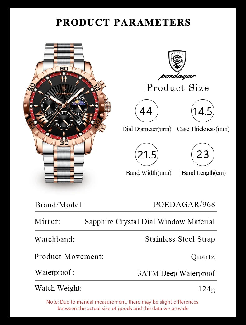 POEDAGAR 968 Sports Watch Men Quartz Waterproof Luminous Date Chronograph Men's Watches Stainless Steel Man Watch Male Clock