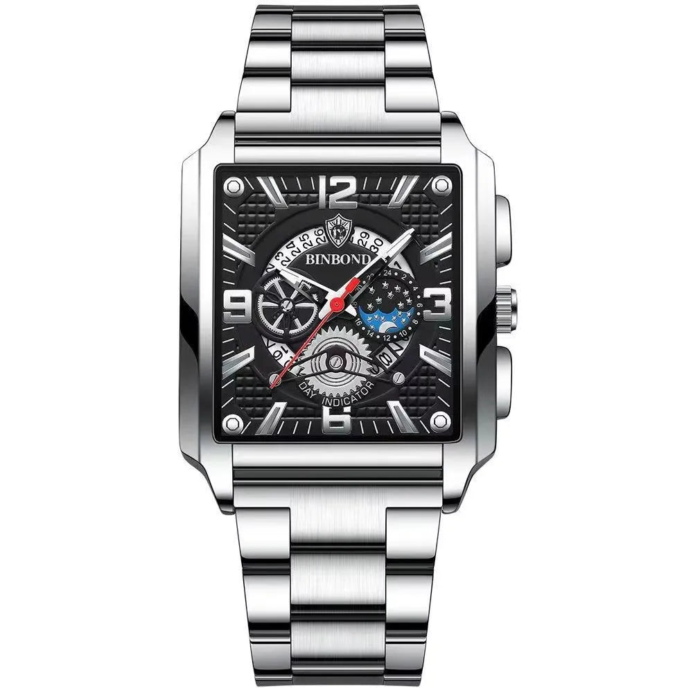 Binbond B6575 6575 Watch Stainless Steel Quartz Wrist Genuine Casual Square Waterproof Leather Belt Luminous Hands Men's Watches