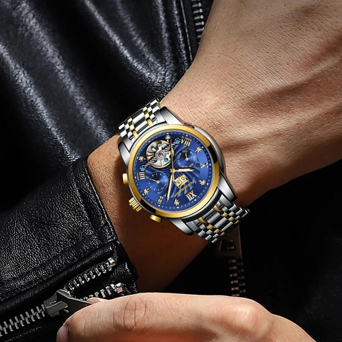 POEDAGAR 1408 Mechanical Men Wrist Watch Waterproof Luxury Hollow Tourbillon Automatic Date Stainless Steel Belt Men's Watches