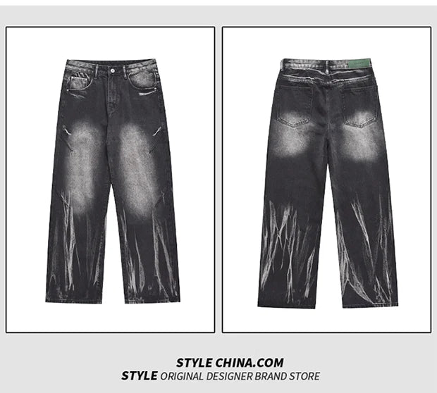 High Street Vintage Stone Wash Niche Fashion Tie-dye Loose Wide Leg Vertical Casual Pants Straight Leg Custom Designer Men Jeans