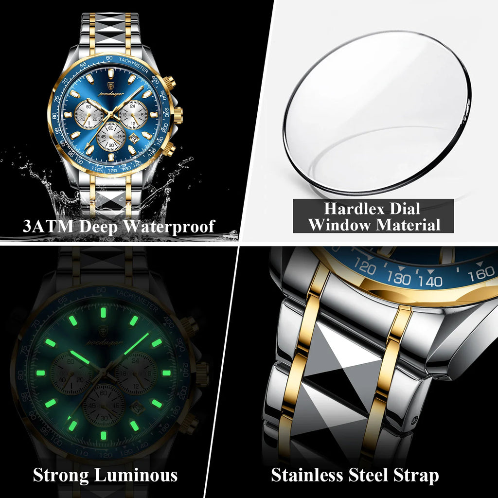 POEDAGAR Sports Watch Wrist Men Stainless Steel Quartz Watches Waterproof Luminous Date Chronograph Men's Watches Reloj Clock