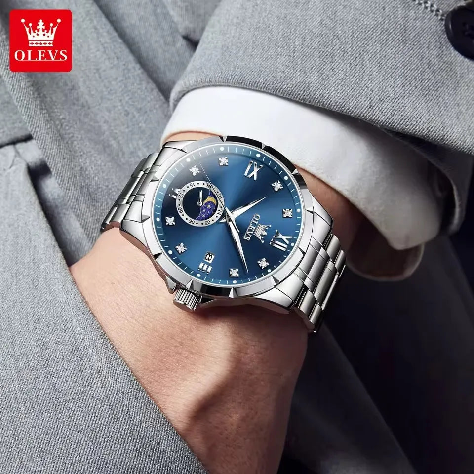 OLEVS 2956 Moon-Phase Wristwatch New Luxury Men's Watches Business Quartz Men Date Fashion Waterproof Stainless Steel Belt Watch