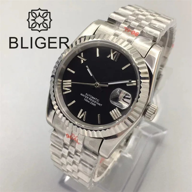 Stylish BLIGER Men's Watches with NH35 Movement 36mm/39mm President Bracelet Fluted Frame ScratchResistant Sapphire Glass