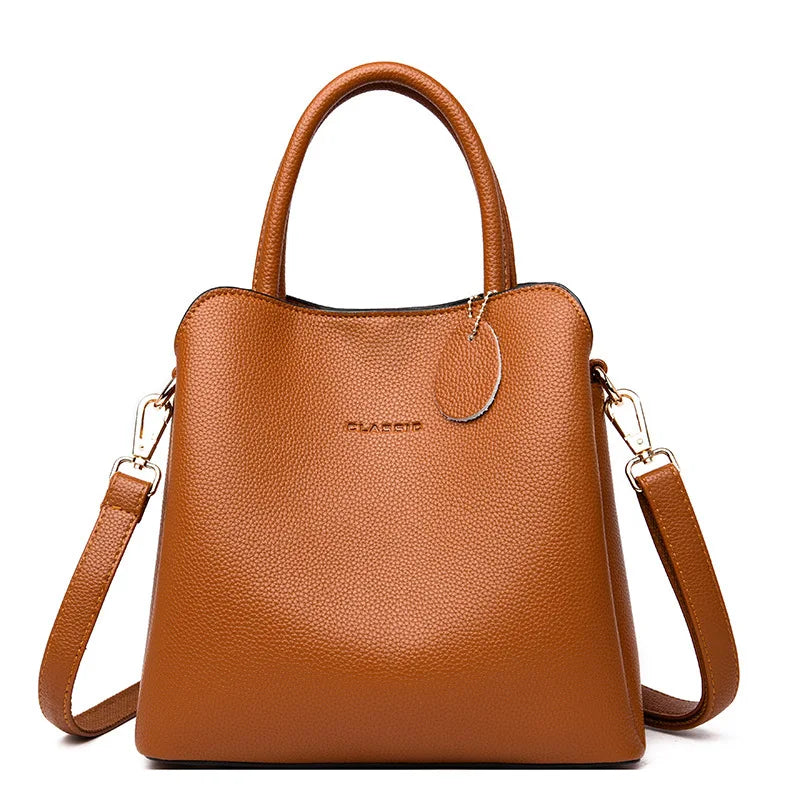 Women's Stylish Casual Tote Bag PU Leather Zipper Closure Three-layer Pockets Crossbody Shoulder Strap 2024