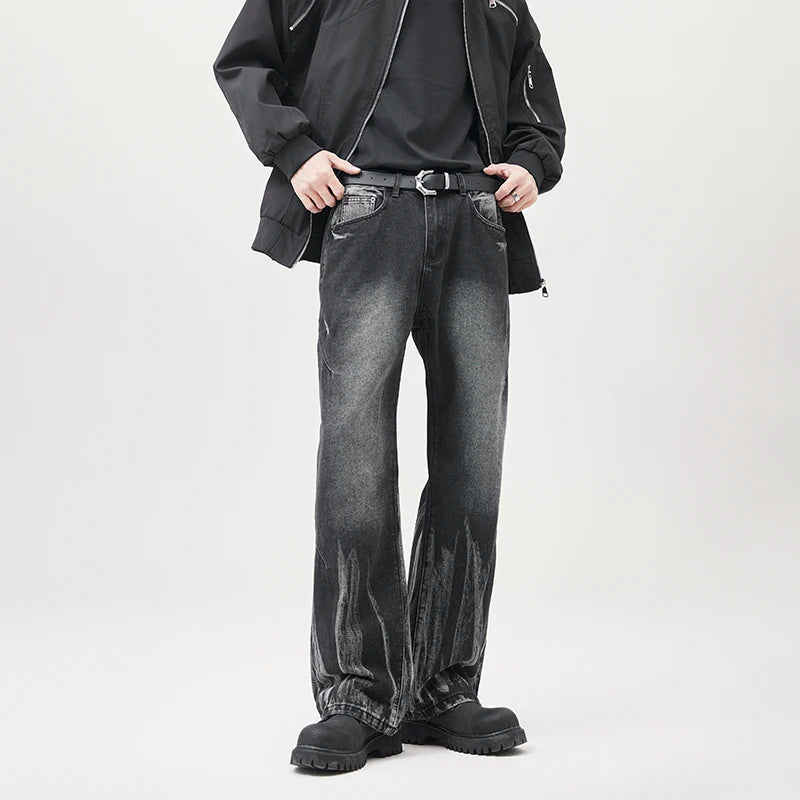 High Street Vintage Stone Wash Niche Fashion Tie-dye Loose Wide Leg Vertical Casual Pants Straight Leg Custom Designer Men Jeans