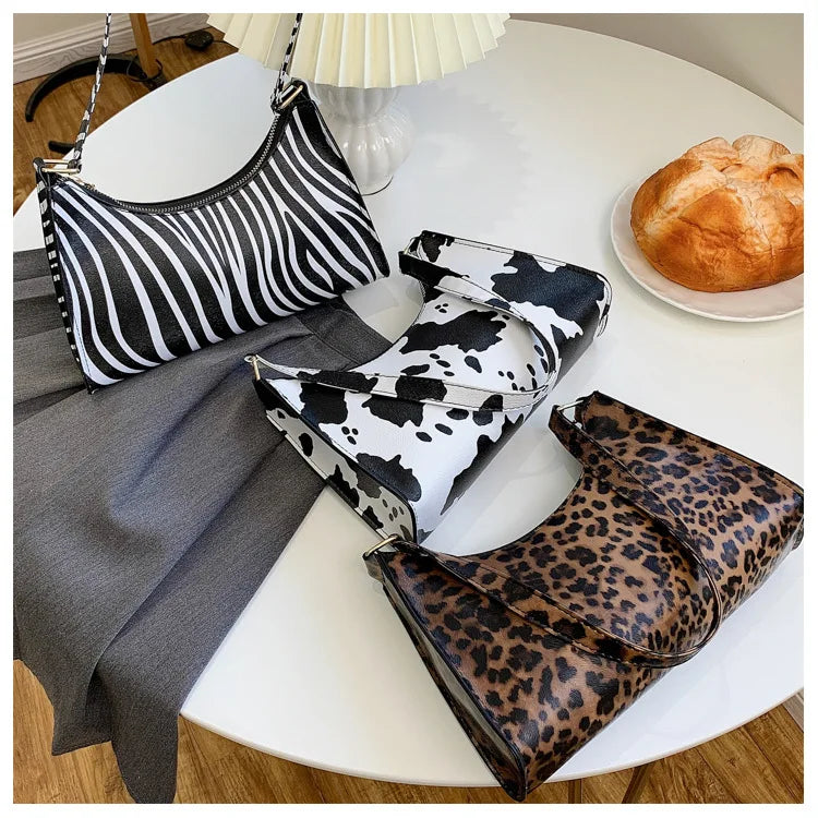 INS Stylish Animal Print PU Leather Underarm Hand Bags Cow Printing Ladies Purse Fashion Women Handbags
