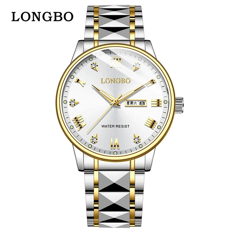 LONGBO 83702 New Arrival Quartz Men Watch Fashion Classic Stainless Steel Diamond Dial Gold Belt Dual Calendar for Men's Watches