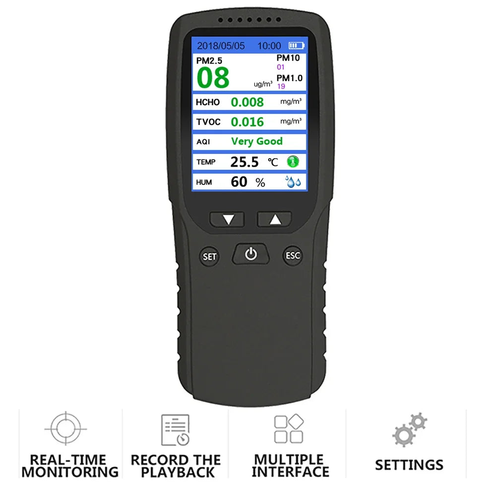 Portable 8-in-1 Smart Home Multi Gas Analysis Meter Handheld Dust Particle Detector for PM2.5 HCHO Formaldehyde Hotels Garages