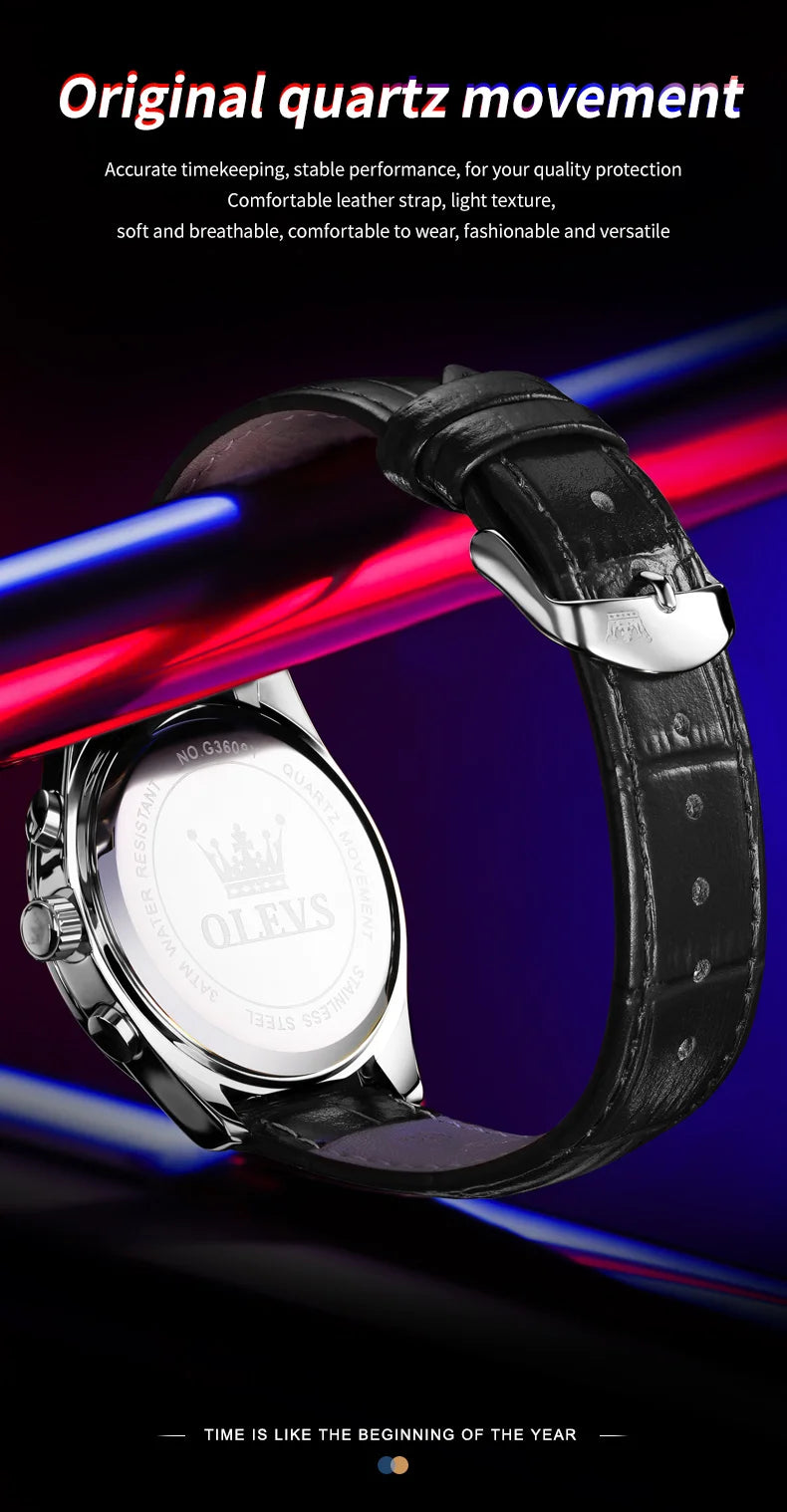 OLEVS New TOP Luxury 3609 Band Wristwatch Men Leather Strap Watch Men Auto Date Chronograph Moon Phase Waterproof Men's Watches