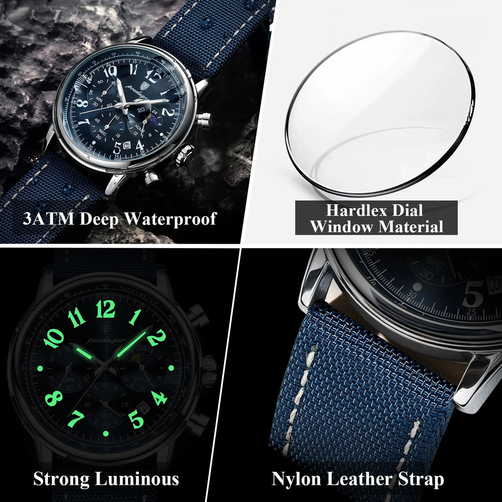 2026 New POEDAGAR 808 Luxury Men Clock Waterproof Luminous Chronograph Men's Watches Quartz Nylon Leather Sports Watches for Men