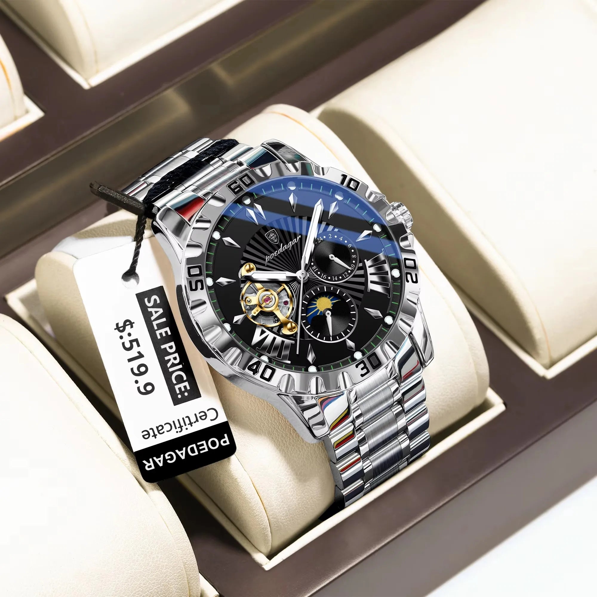POEDAGAR 1415 Mechanical Watch Multi-functional Moon Phase Original Stainless Steel Automatic Luminous Waterproof Men's Watches