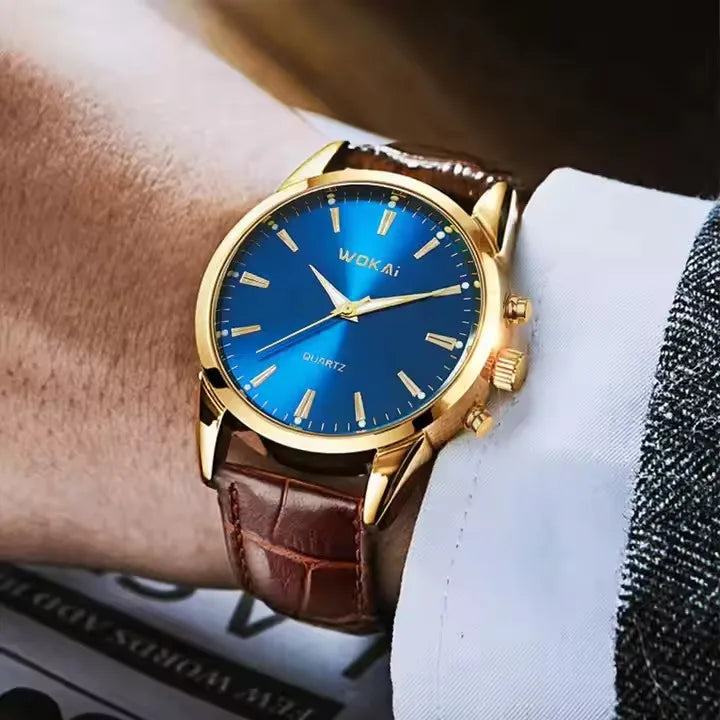 Wokai 8018 New Arrive Fashion Business Watch Men's Watches Casual Leather Band Quartz Luxury Wristwatches Men Clock Relogio