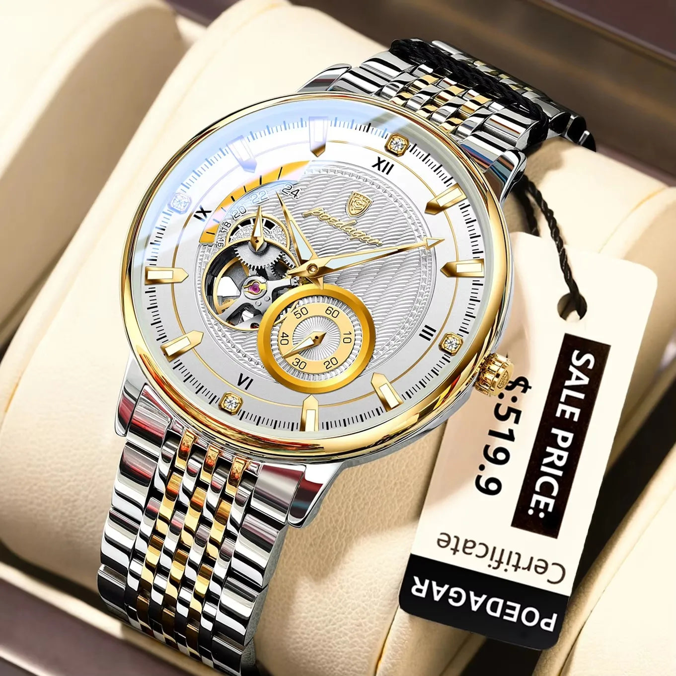 POEDAGAR 1416 Stainless Steel Men Waterproof Automatic New Luxury Man Watch Tourbillon Mechanical Hollow Out Men's Watches
