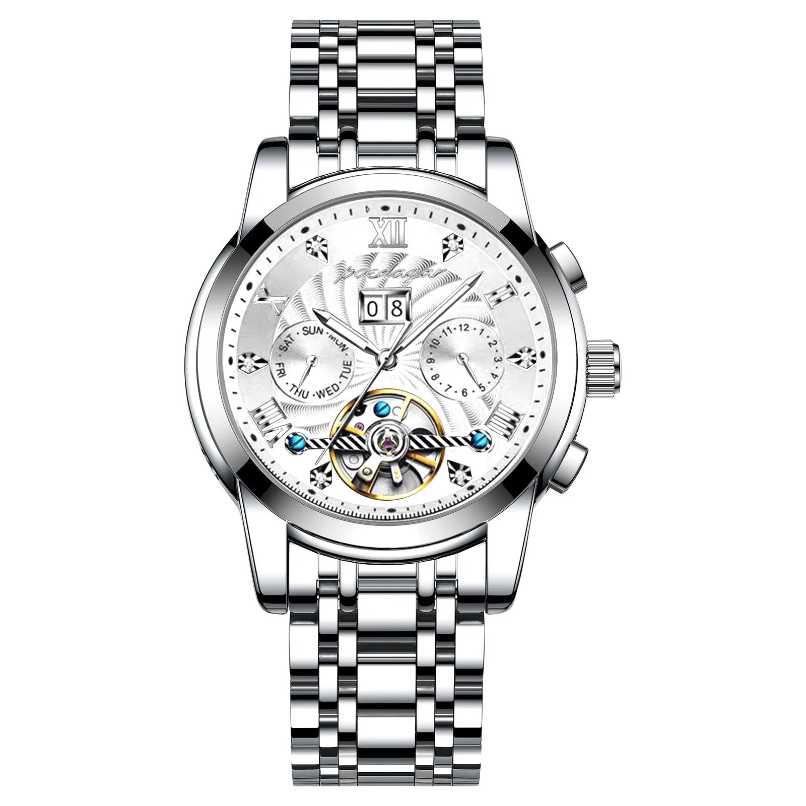 POEDAGAR 1408 Luxury Hollow Tourbillon Automatic Mechanical Men Wrist Watch Waterproof Date Stainless Steel Belt Men's Watches