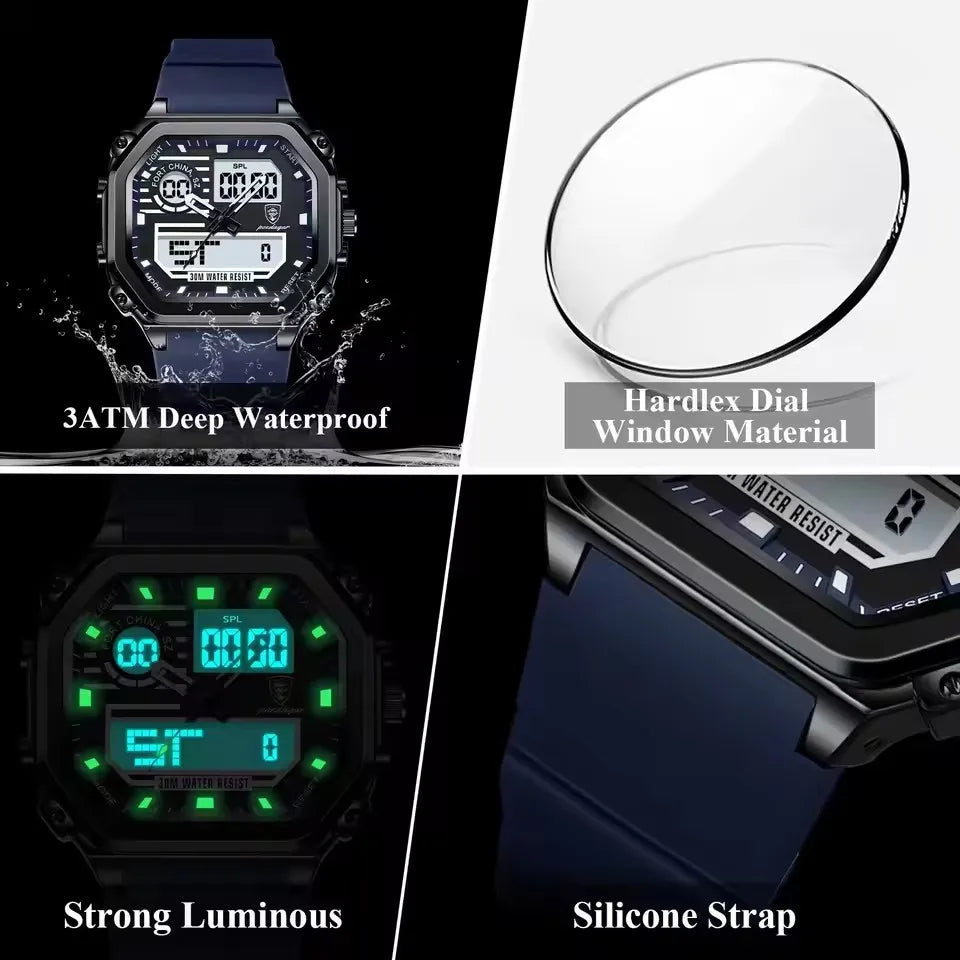 POEDAGAR 993 Sports LED Men Watch Waterproof Luminous Square Man Wristwatch Silicone Strap Electronic Quartz Men's Watches