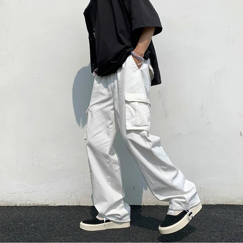 ANSZKTN Cargo Pants Men's Casual Pants Summer High Street Loose Retro Black Drawstring Tie Foot Pants