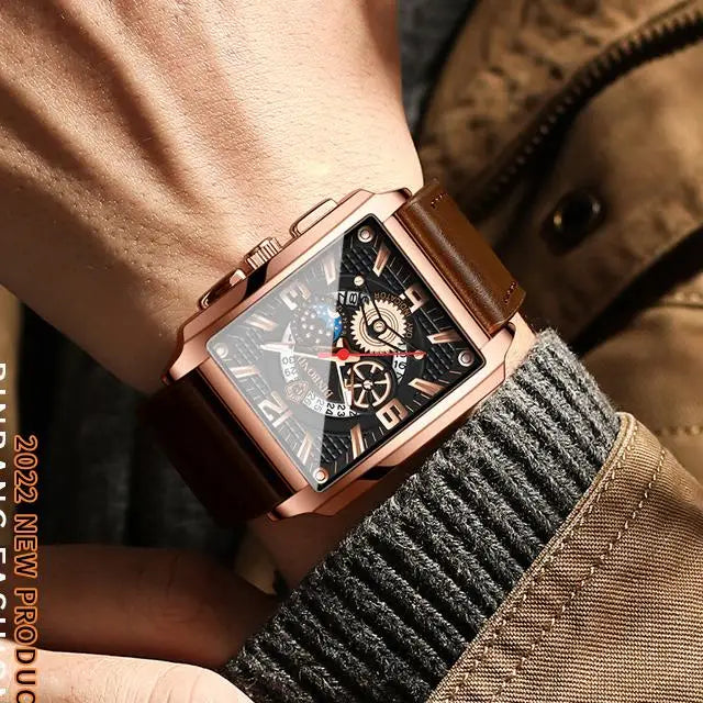 Binbond B6575 6575 Watch Stainless Steel Quartz Wrist Genuine Casual Square Waterproof Leather Belt Luminous Hands Men's Watches