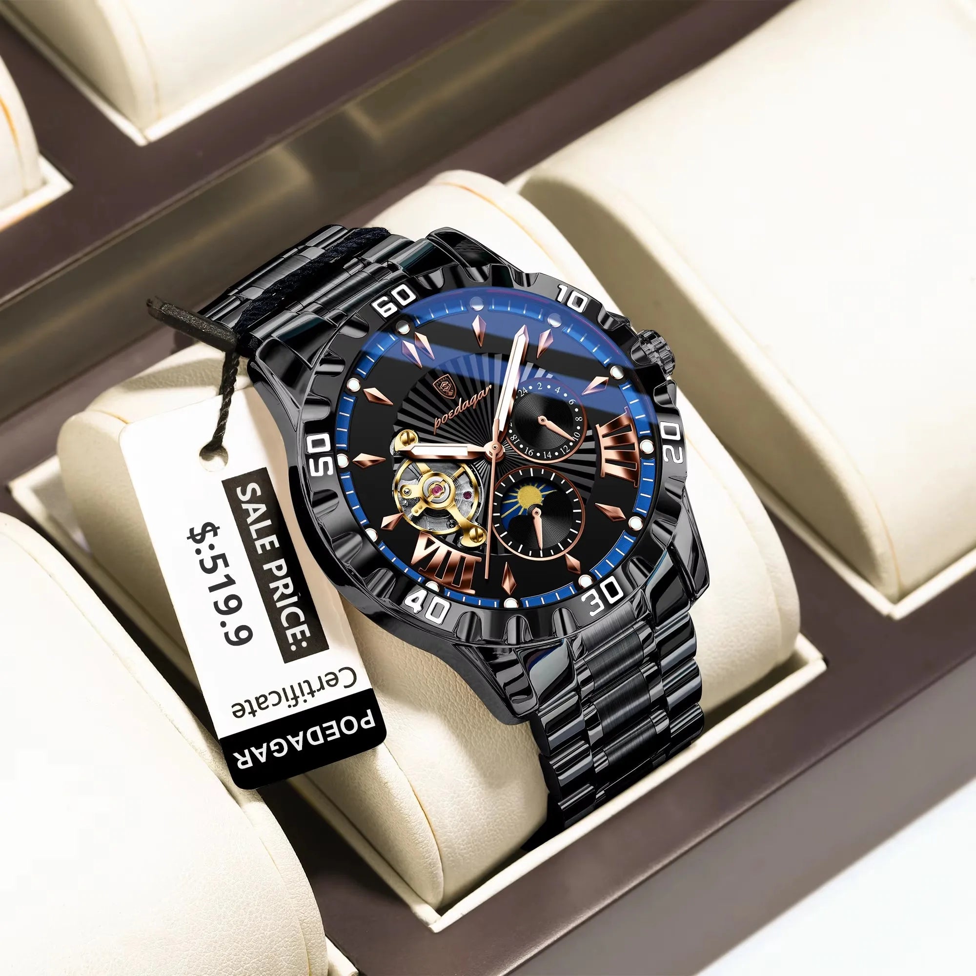 POEDAGAR 1415 Mechanical Watch Multi-functional Moon Phase Original Stainless Steel Automatic Luminous Waterproof Men's Watches