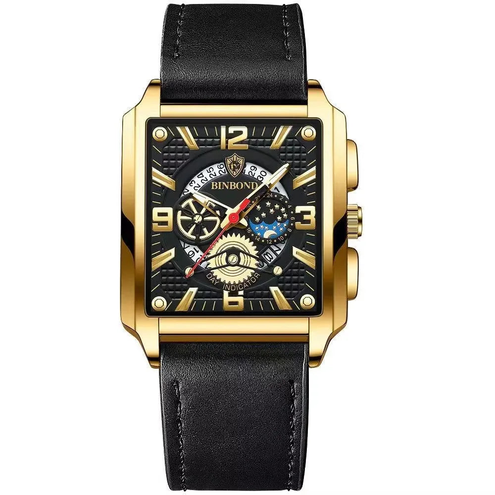 Binbond B6575 6575 Casual Square Waterproof Watch Stainless Steel Quartz Wrist Genuine Leather Belt Luminous Hands Men's Watches
