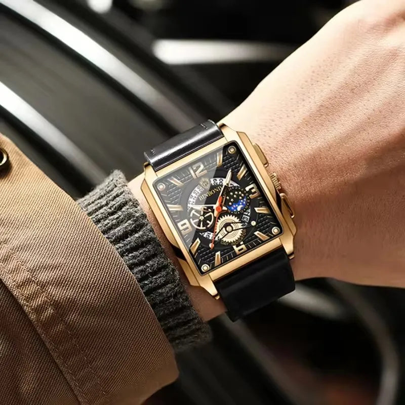 Binbond B6575 6575 Casual Square Waterproof Watch Stainless Steel Quartz Wrist Genuine Leather Belt Luminous Hands Men's Watches