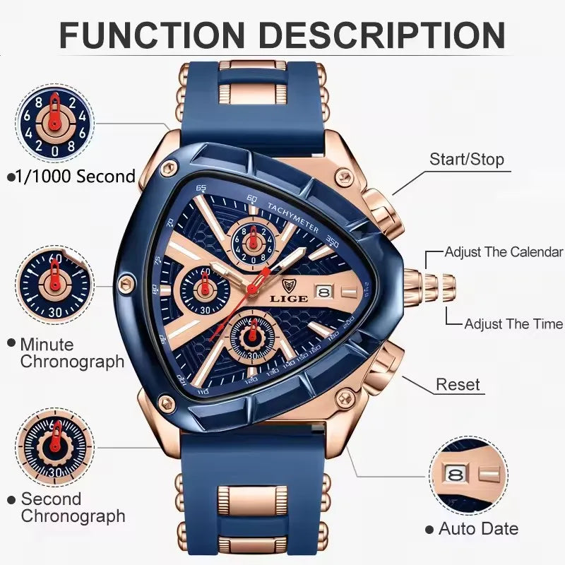 89103 Men's Watches LIGE Top Band Luxury Quartz Watches Creative Triangle Sports Chronograph Watch for Man Waterproof Male Clock