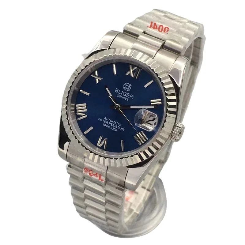 Stylish BLIGER Men's Watches with NH35 Movement 36mm/39mm President Bracelet Fluted Frame ScratchResistant Sapphire Glass