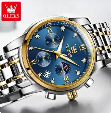 OLEVS 2858 Moon Phase Men's Watches Chic Top Original Quartz Wrist Clock Waterproof Chronograph Stainless Steel Watch for Men