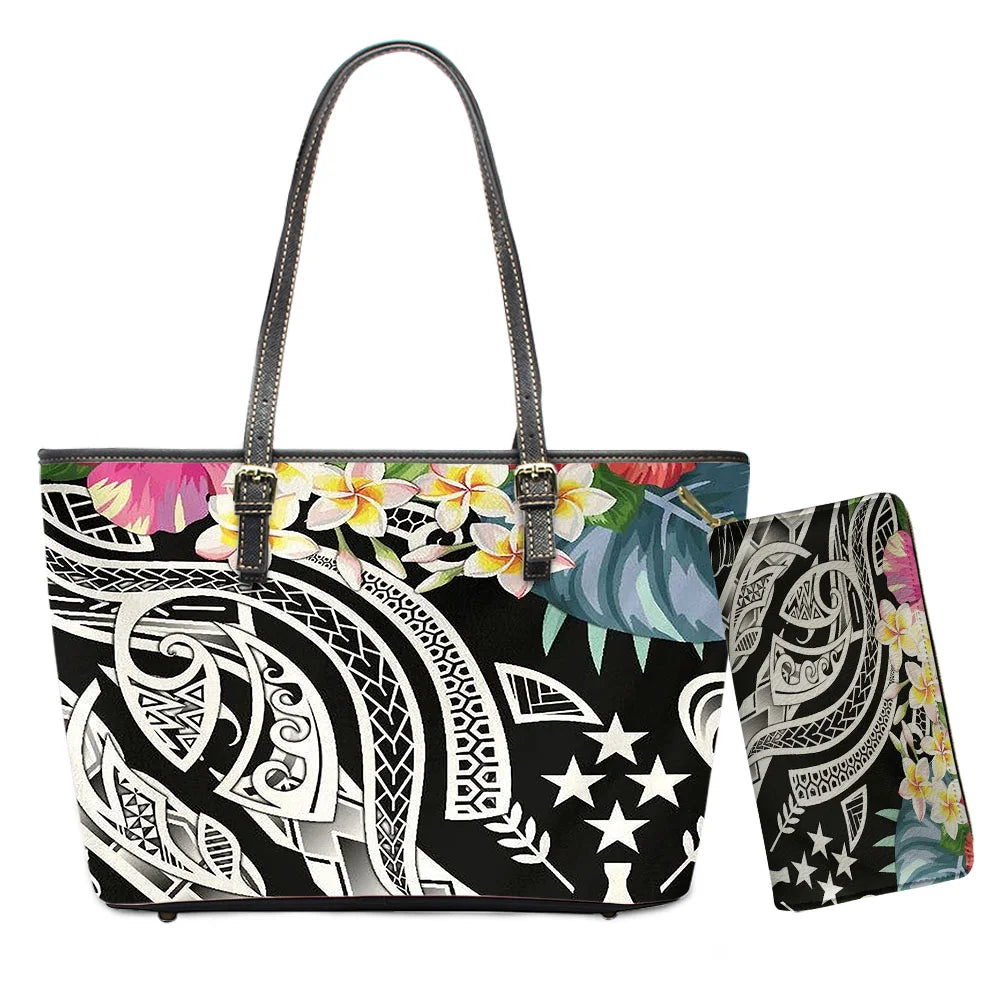 Hawaiian Flower Polynesian Design Print Women Handbags and Purses Set Customized Large Leather Tote Matching Long Zipper Wallet