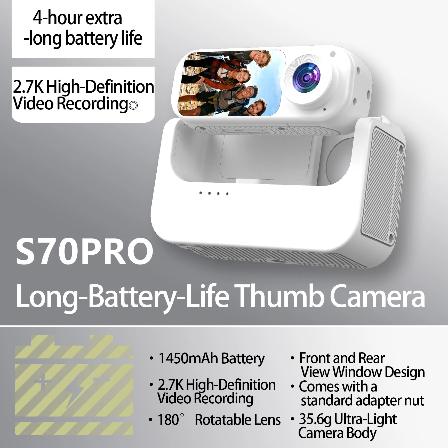 YDH-S70Pro 2026 New Thumb-Sized Action Camera 1080P 180°Rotating Waterproof Image-Stabilized Outdoor Vlog Magnetic Action Camera