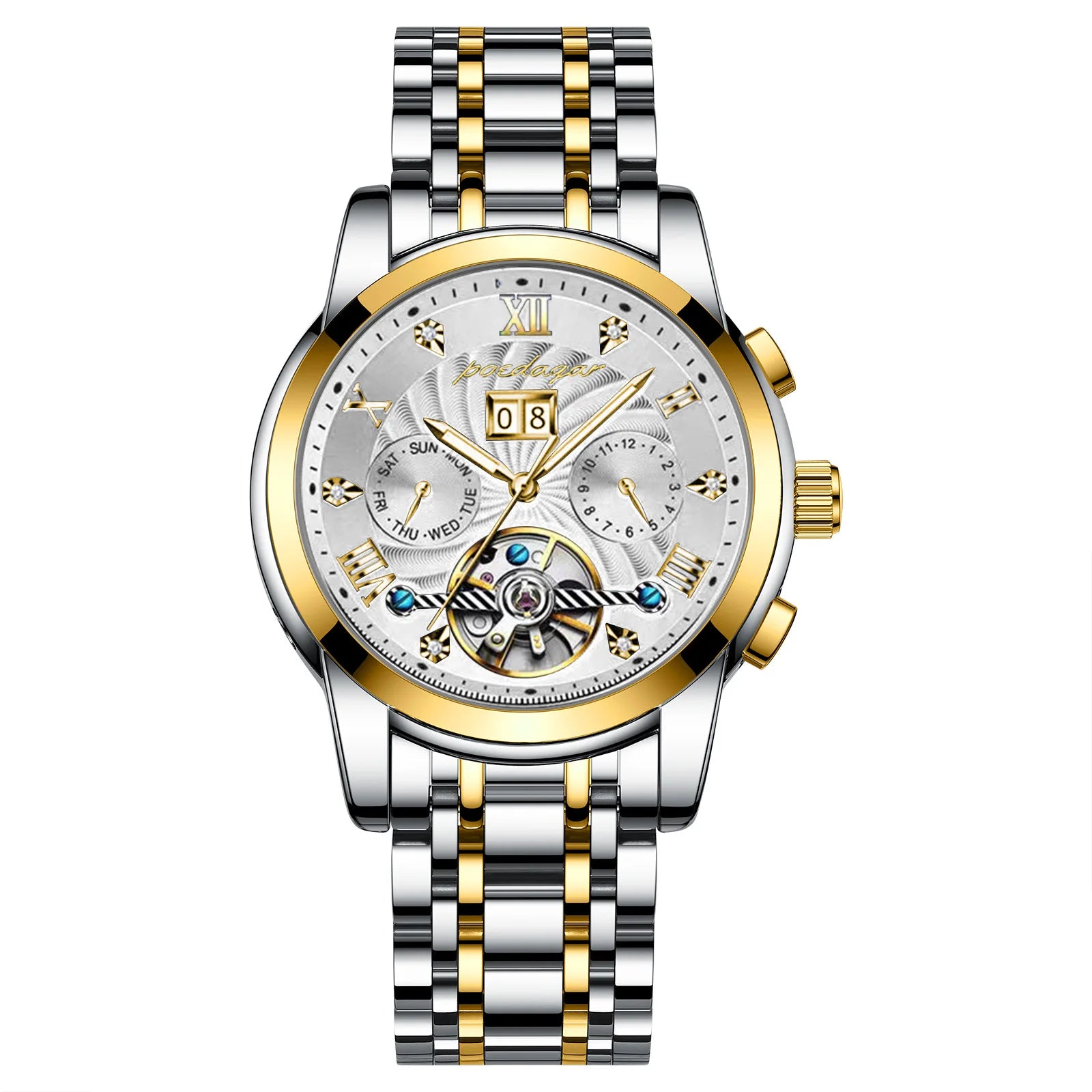 POEDAGAR 1408 Luxury Hollow Tourbillon Automatic Mechanical Men Wrist Watch Waterproof Date Stainless Steel Belt Men's Watches