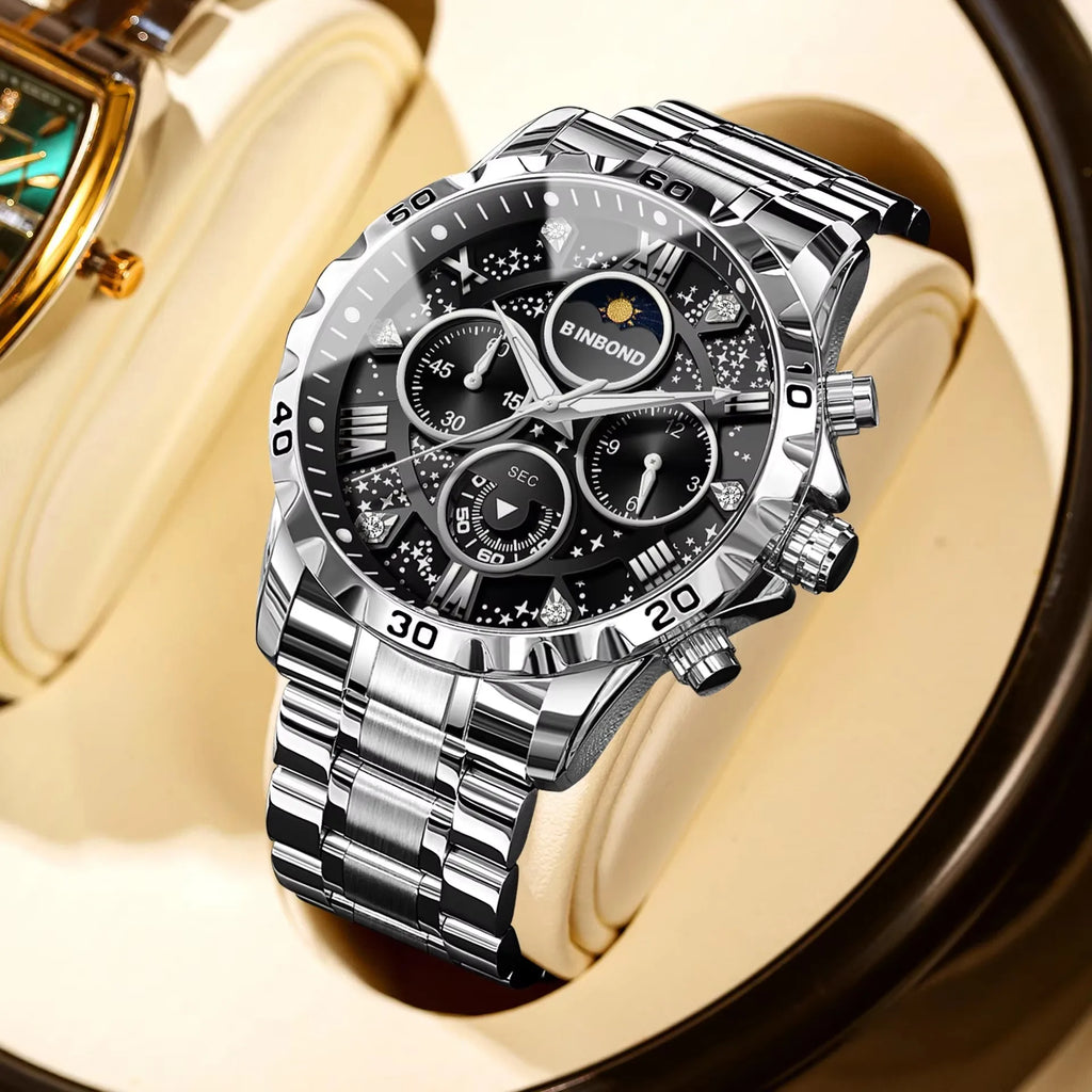 Binbond B7741 7741 Waterproof Luminous Chronograph Original Men Clock Sports Date Stainless Steel Quartz Men's Watches Reloj