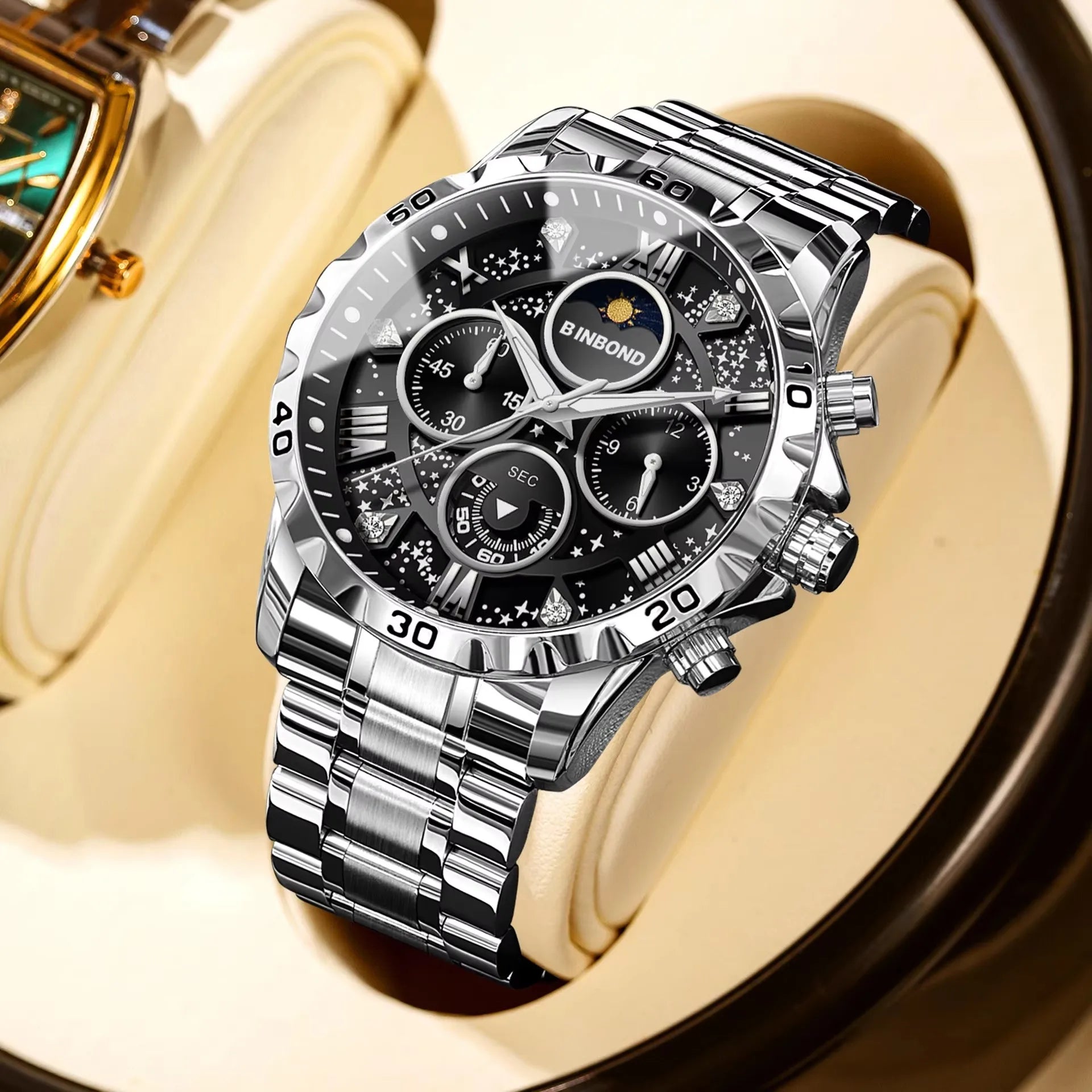 Binbond B7741 7741 Waterproof Luminous Chronograph Original Men Clock Sports Date Stainless Steel Quartz Men's Watches Reloj