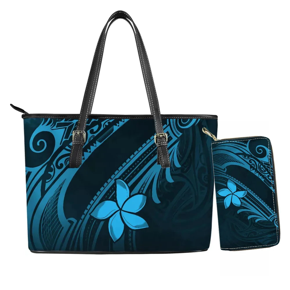 Hawaiian Flower Polynesian Design Print Women Handbags and Purses Set Customized Large Leather Tote Matching Long Zipper Wallet