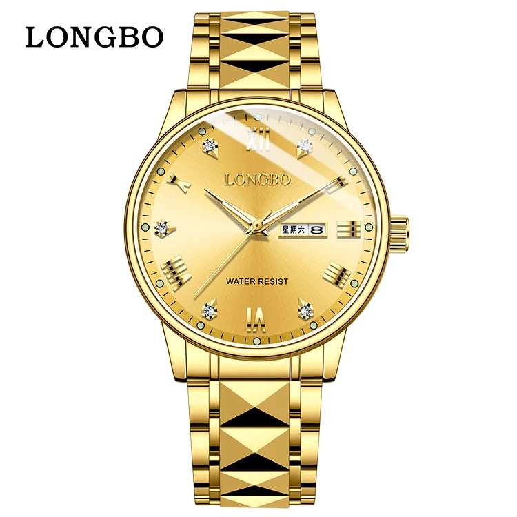LONGBO 83702 New Arrival Quartz Men Watch Fashion Classic Stainless Steel Diamond Dial Gold Belt Dual Calendar for Men's Watches