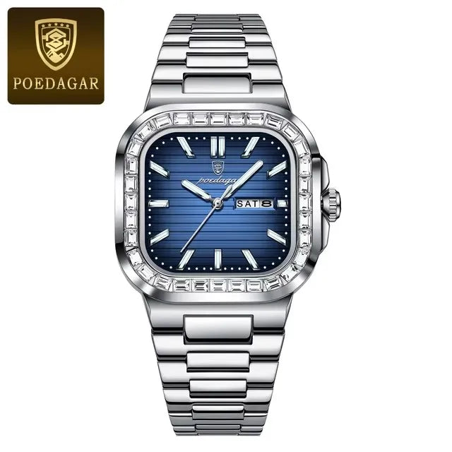 POEDAGAR Luxury Watch for Men Waterproof Luminous Date Week Man Wristwatch Stainless Steel Square Diamond Quartz Men's Watches