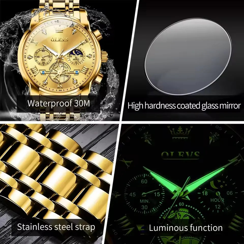 OLEVS Luxury Men's Watches Classic Roman Scale Flywheel Moon Phase Waterproof Quartz Watch for Men Classic 2856 Chronograph