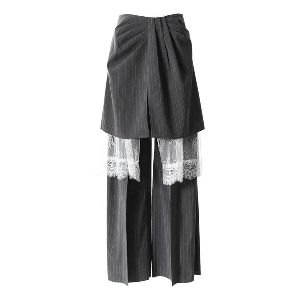 OUDINA New Unique Personality Three-piece Multi-wearing Detachable Trousers Lace Patchwork Striped Wide Leg Women's Casual Pants