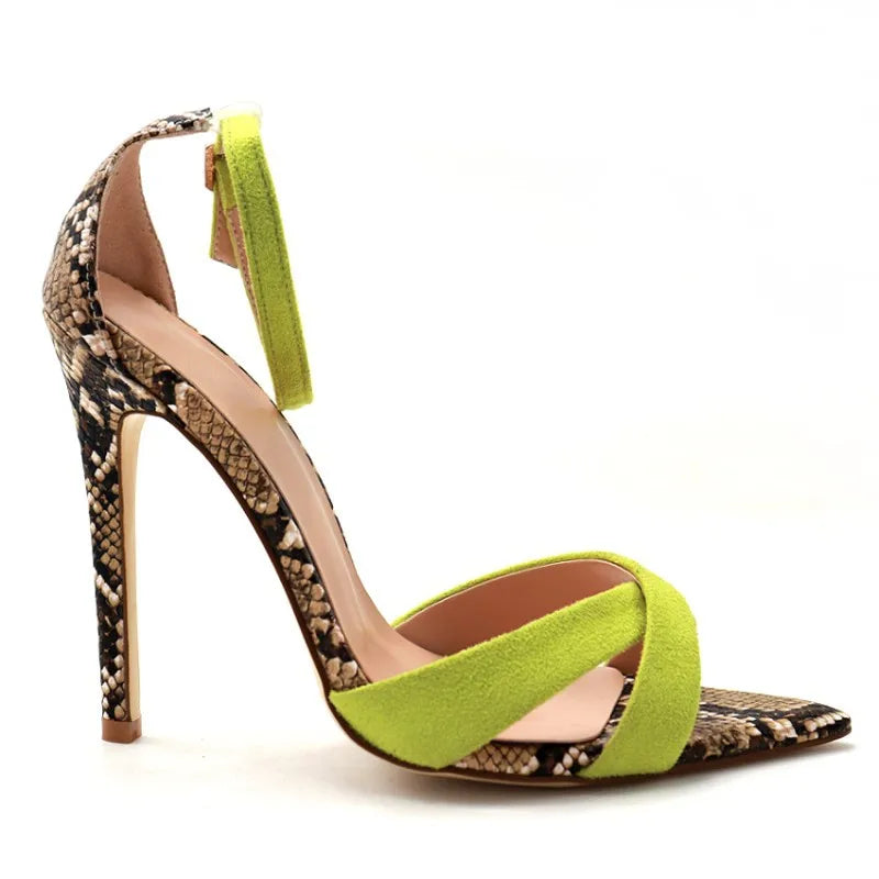 2019 Women Pointed Toe Ankle Strap Faux Suede Snake Print Stiletto High Heels Sandals