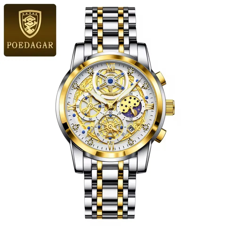POEDAGAR 984 Luxury Fashion Watch Men Waterproof Luminous Auto Date Chronograph Japan Quartz Stainless Steel Strap Men's Watches