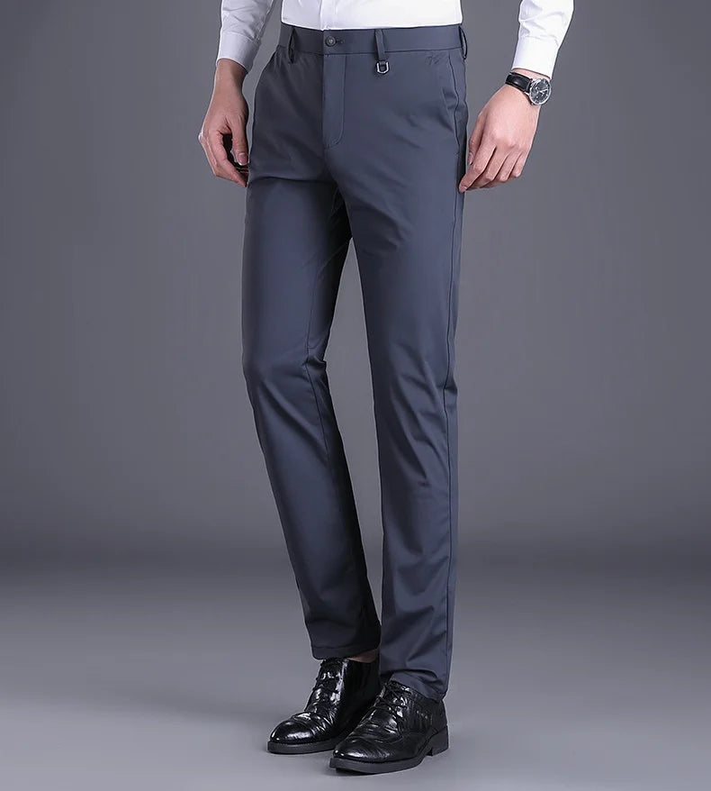 2024 Men Business Suit Pants Embroidery Ice Silk Formal Office Suit Long Trousers Stretch Slim Straight Solid Color Casual Pants