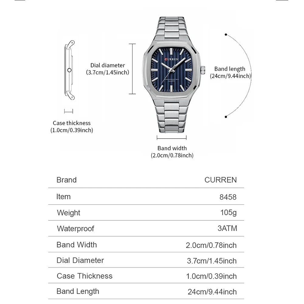 Curren 8458 Square Casual Men's Watches Stainless Steel Bracelet Simple Business Clock Luminous Hands Quartz Wristwatch for Men