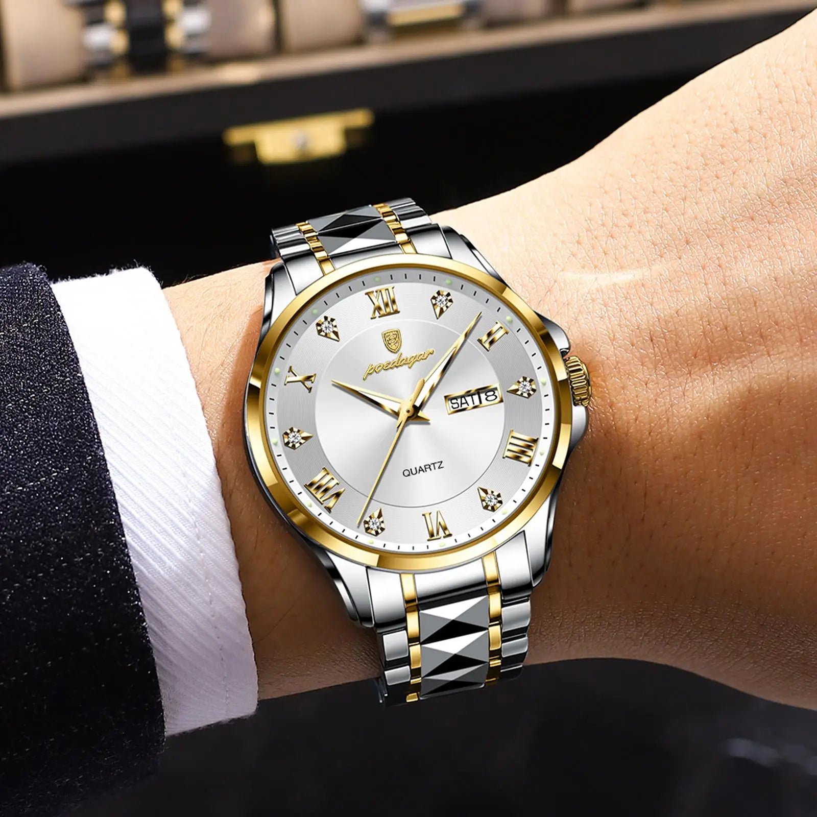POEDAGAR 883 Date Week Man Wristwatch Stainless Steel Belt Fashion Men Clock Waterproof Luminous Quartz Men's Watches Male Reloj