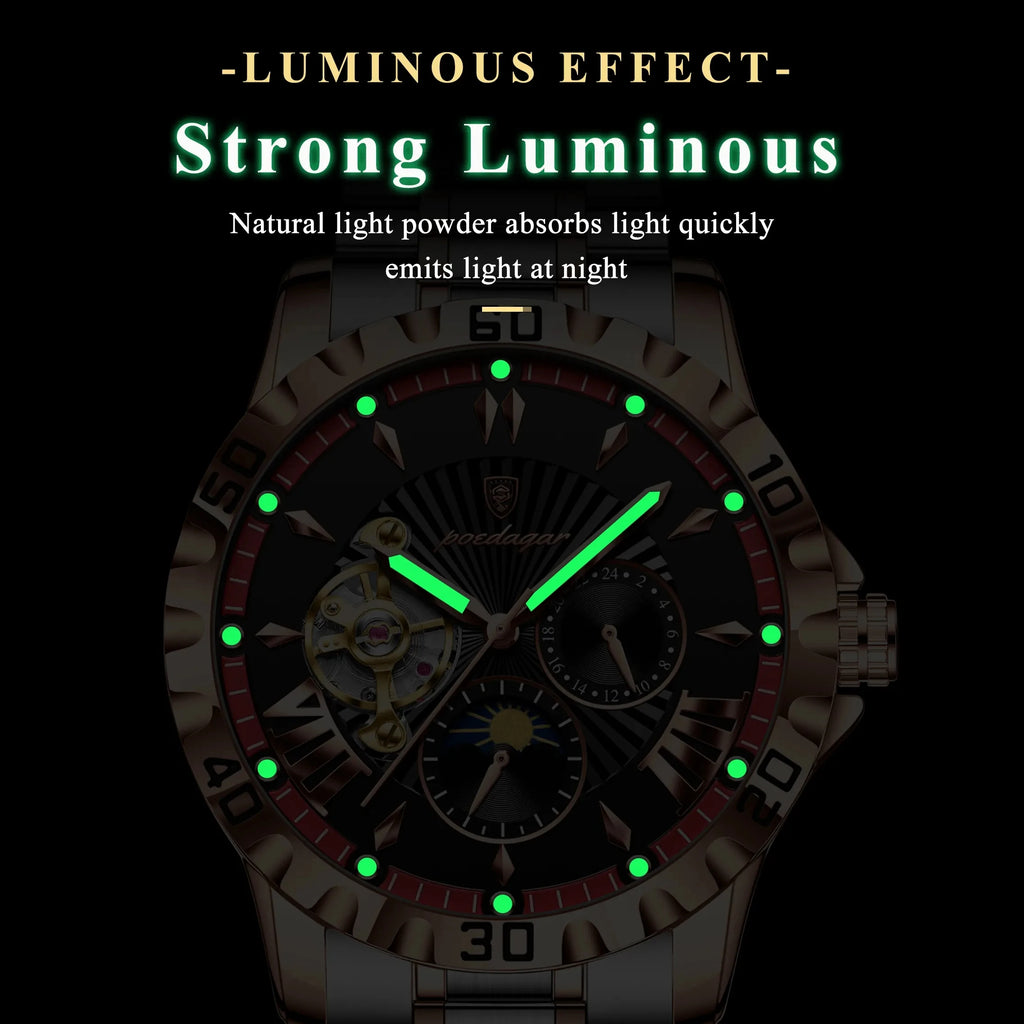 POEDAGAR 1415 Automatic Mechanical Man Watch Waterproof Luxury Men Hollow Out Tourbillon Luminous Stainless Steel Men's Watches