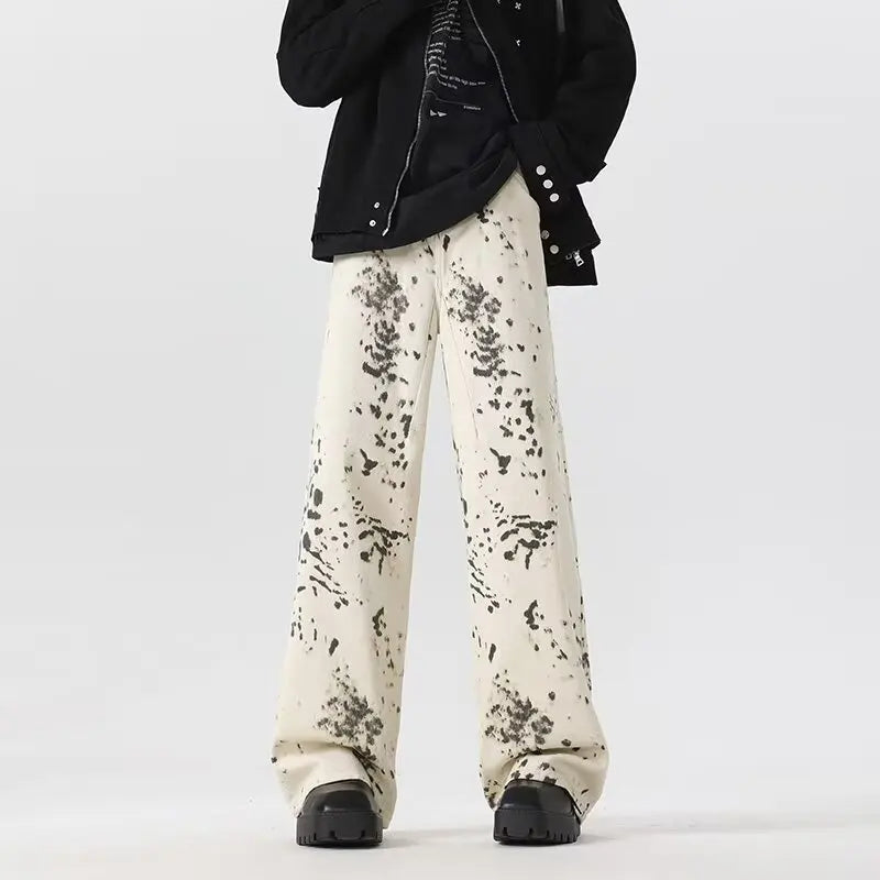 High Street Leopard Print Jeans Women's Street Spring and Autumn Style Wide Leg Pants Loose Casual Pants Denim