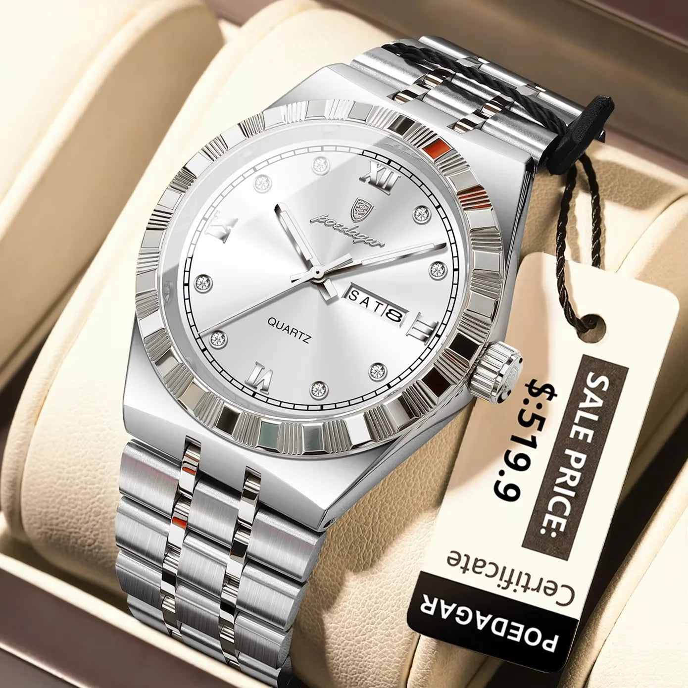 POEDAGAR 872 Week Date Watch Men Life Waterproof Original Diamond Wristwatch Quartz Reloj Luminous Stainless Steel Men's Watches