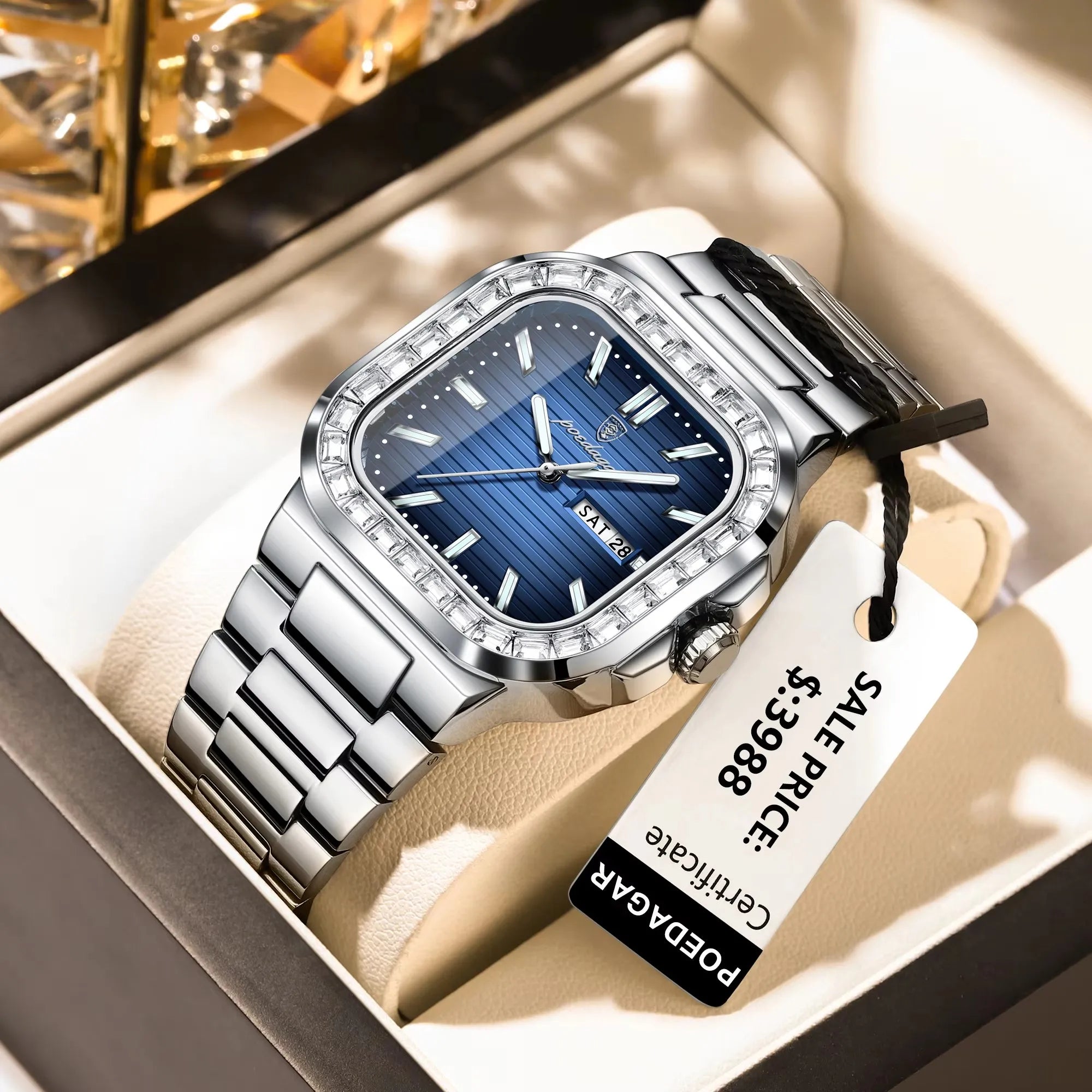 POEDAGAR New Luxury Gold Blue Quartz Watch for Men Stainless Steel Waterproof Luminous Date Week Fashion Square Men's Watches